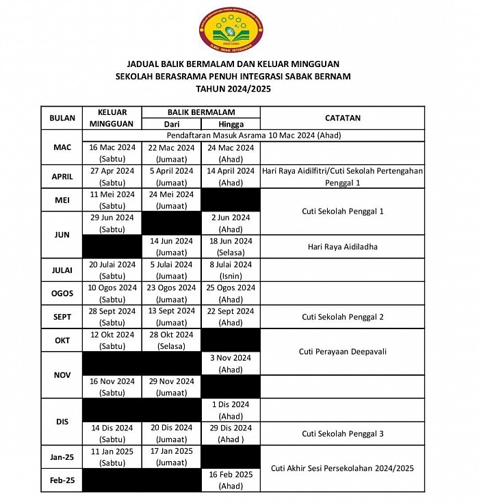 JADUAL BAS PULANG BERMALAM 2024/25