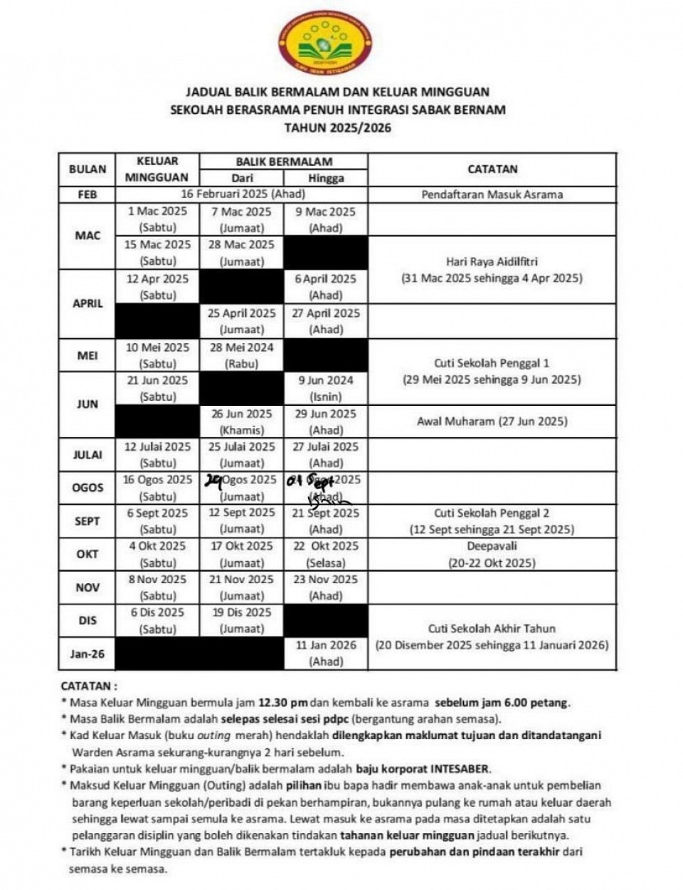 JADUAL BAS PULANG BERMALAM 2025/26